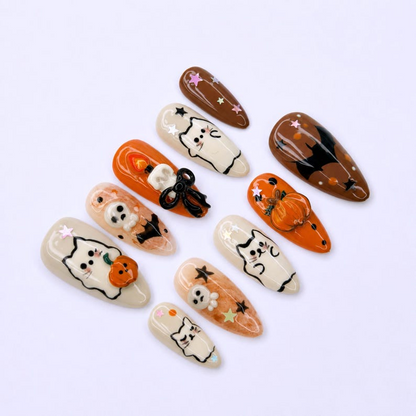 Halloween Press On Nails with Cute Ghost Cat , 3D Pumpkin Nail Art , Handmade Fall Nails for Halloween Party , Press On Nails set | OB472W
