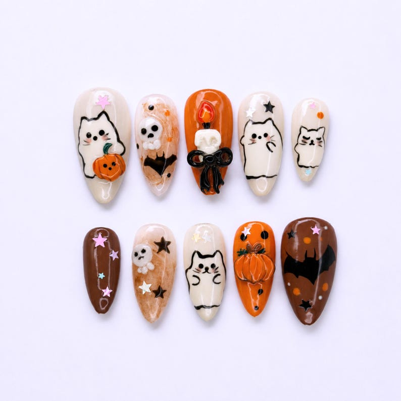 Halloween Press On Nails with Cute Ghost Cat , 3D Pumpkin Nail Art , Handmade Fall Nails for Halloween Party , Press On Nails set | OB472W