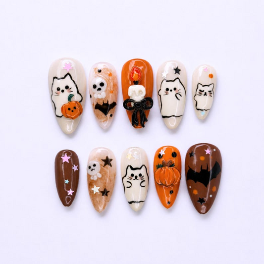 Halloween Press On Nails with Cute Ghost Cat , 3D Pumpkin Nail Art , Handmade Fall Nails for Halloween Party , Press On Nails set | OB472W