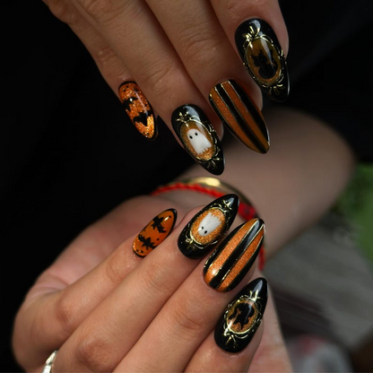 Halloween Press On Nails with Cute Ghost | Black Orange Bat Nail Art | Handmade Spooky Nails for Halloween Party | OB505WC