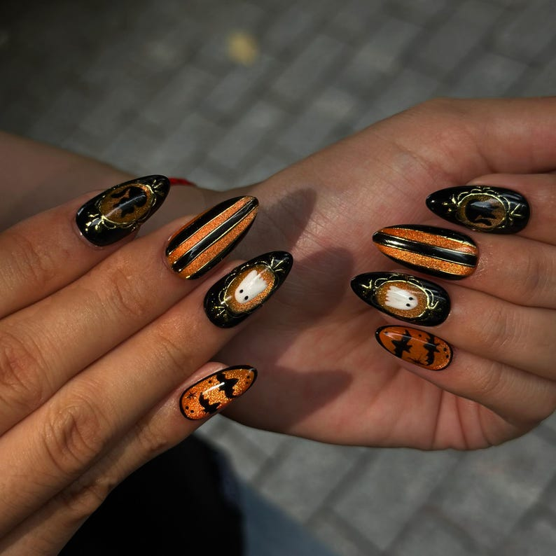 Halloween Press On Nails with Cute Ghost | Black Orange Bat Nail Art | Handmade Spooky Nails for Halloween Party | OB505WC
