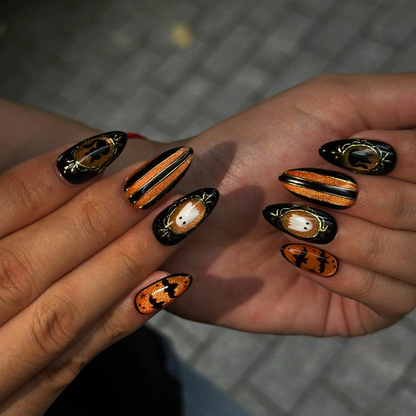 Halloween Press On Nails with Cute Ghost | Black Orange Bat Nail Art | Handmade Spooky Nails for Halloween Party | OB505WC