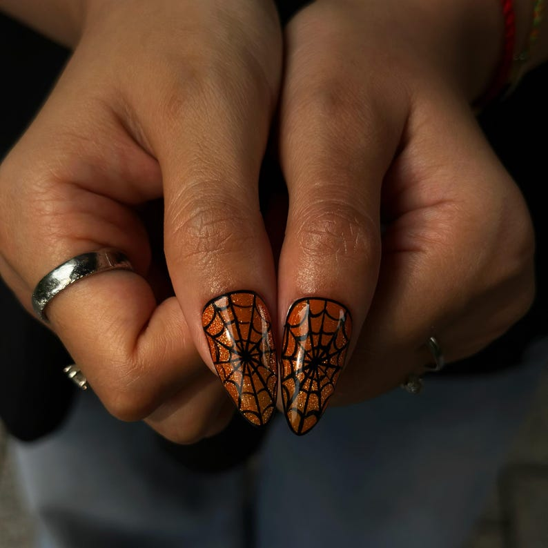 Halloween Press On Nails with Cute Ghost | Black Orange Bat Nail Art | Handmade Spooky Nails for Halloween Party | OB505WC