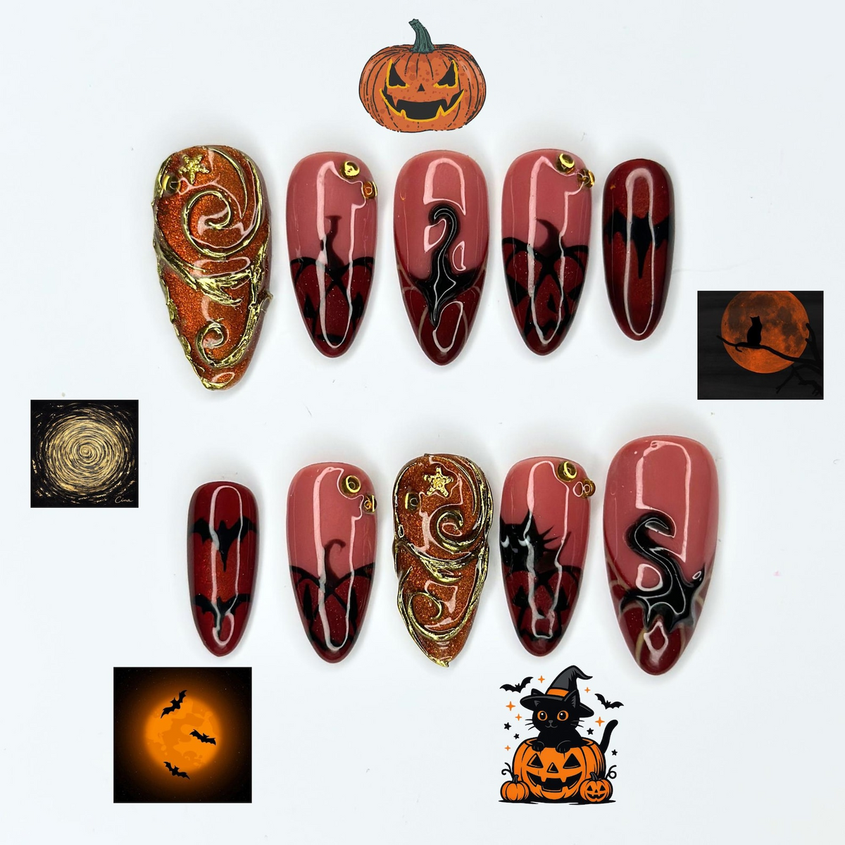 Halloween Press On Nails with Dark Red Swirl Art | Black Gothic Details | Spooky 3D Gold Statement Nails | OB535UC