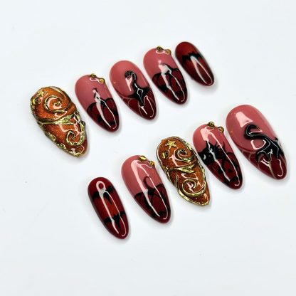 Halloween Press On Nails with Dark Red Swirl Art | Black Gothic Details | Spooky 3D Gold Statement Nails | OB535UC