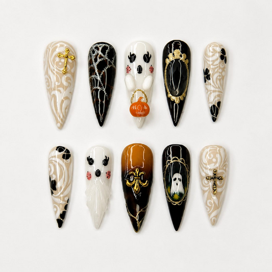 Halloween Press On Nails with Ghost & Cross Charms , Gothic Spider Web Fake Nails , Handmade Halloween Nail Art • OB1396WI