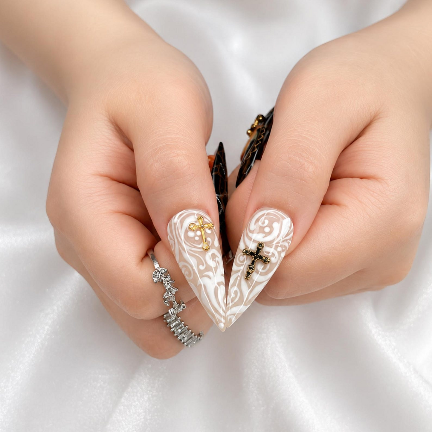 Halloween Press On Nails with Ghost & Cross Charms , Gothic Spider Web Fake Nails , Handmade Halloween Nail Art • OB1396WI