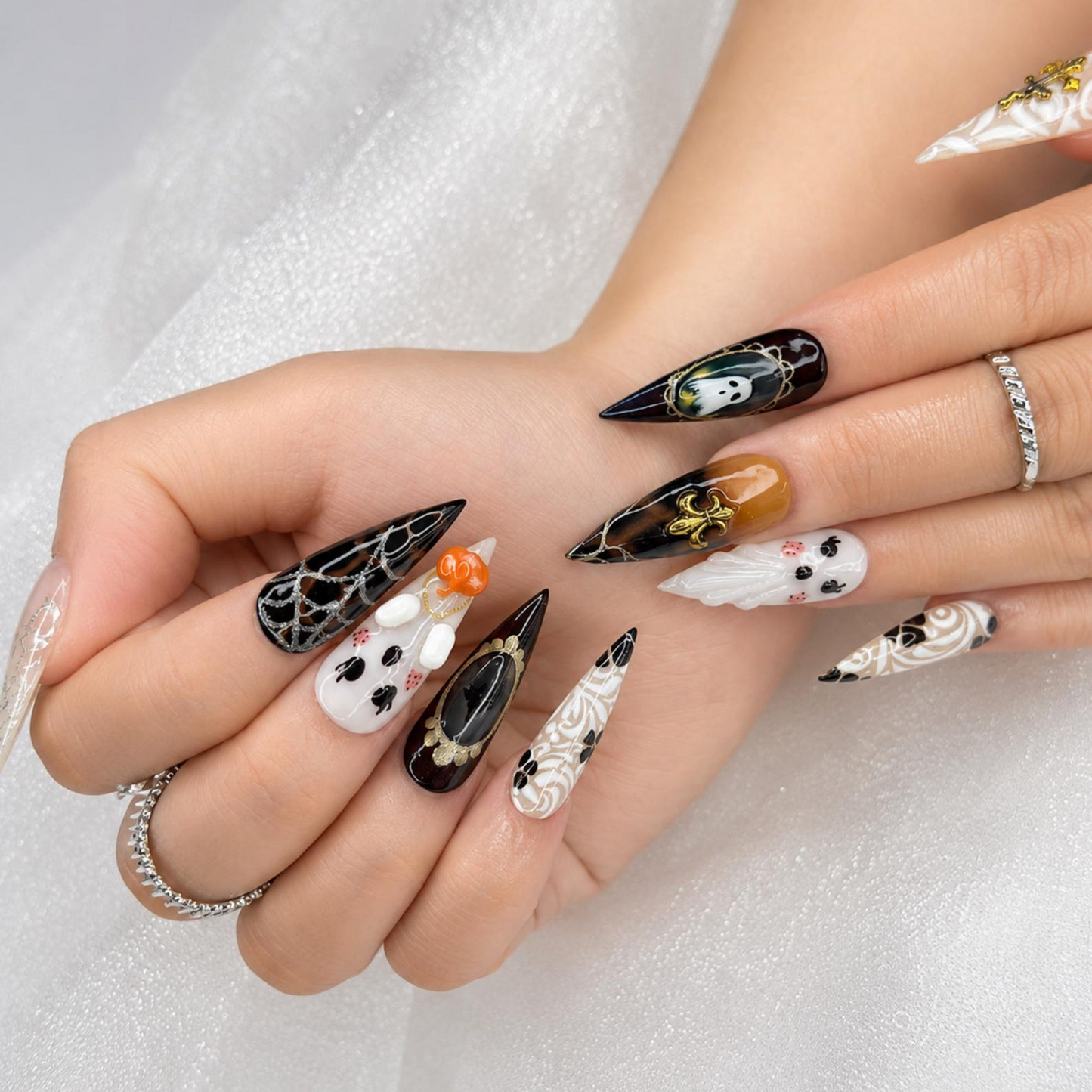 Halloween Press On Nails with Ghost & Cross Charms , Gothic Spider Web Fake Nails , Handmade Halloween Nail Art • OB1396WI