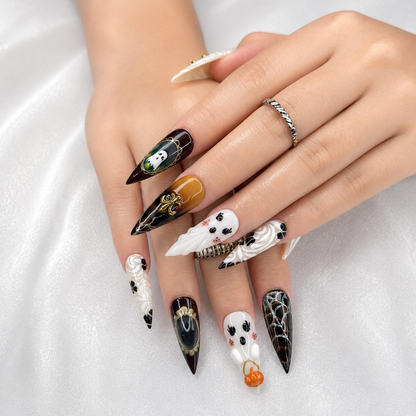 Halloween Press On Nails with Ghost & Cross Charms , Gothic Spider Web Fake Nails , Handmade Halloween Nail Art • OB1396WI