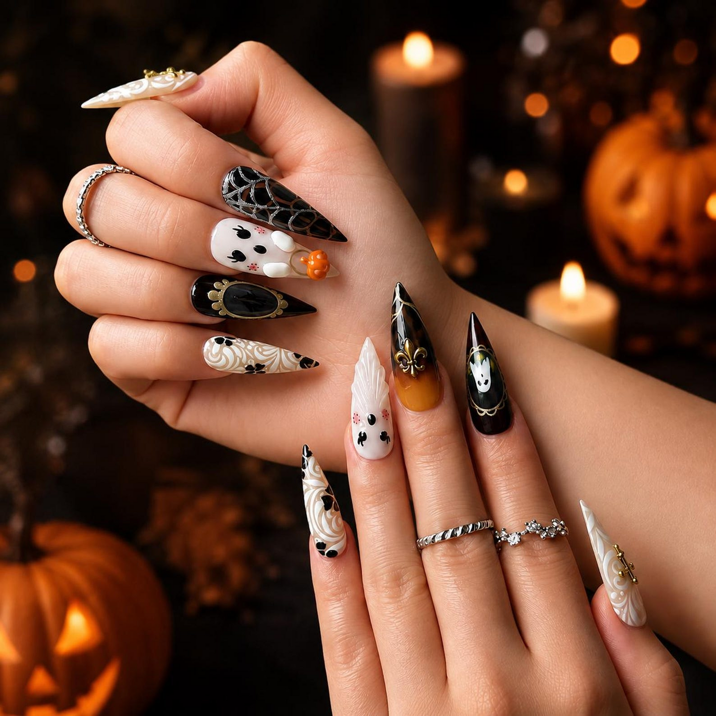 Halloween Press On Nails with Ghost & Cross Charms , Gothic Spider Web Fake Nails , Handmade Halloween Nail Art • OB1396WI