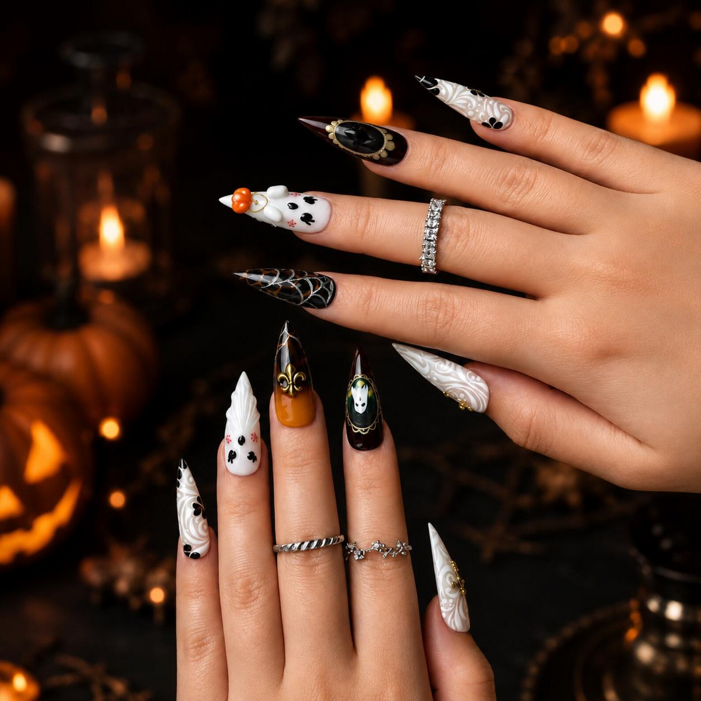 Halloween Press On Nails with Ghost & Cross Charms , Gothic Spider Web Fake Nails , Handmade Halloween Nail Art • OB1396WI