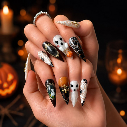 Halloween Press On Nails with Ghost & Cross Charms , Gothic Spider Web Fake Nails , Handmade Halloween Nail Art • OB1396WI