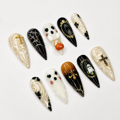 Halloween Press On Nails with Ghost & Cross Charms , Gothic Spider Web Fake Nails , Handmade Halloween Nail Art • OB1396WI