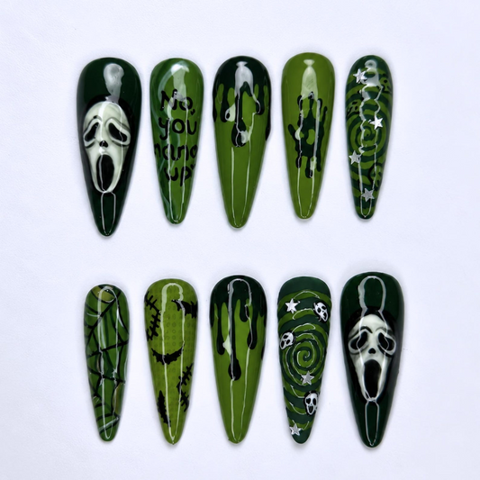Halloween Press On Nails with Ghost Mask Art , Green Horror Nails , Long Stiletto Spooky Nail Set | OB529WC