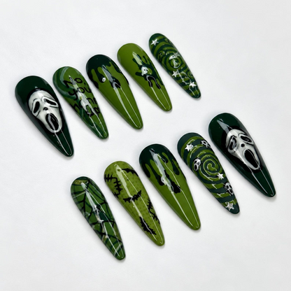 Halloween Press On Nails with Ghost Mask Art , Green Horror Nails , Long Stiletto Spooky Nail Set | OB529WC