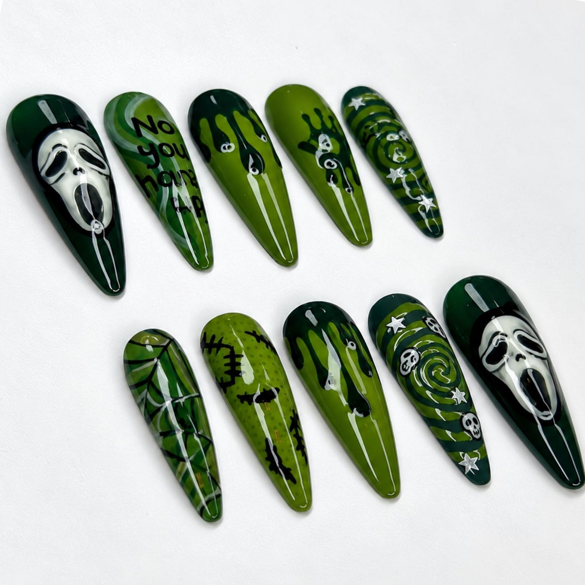 Halloween Press On Nails with Ghost Mask Art , Green Horror Nails , Long Stiletto Spooky Nail Set | OB529WC