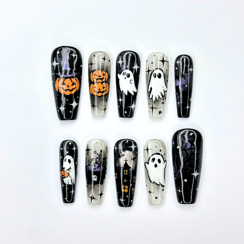 Halloween Press On Nails with Ghost & Pumpkin Design | Spooky Black White Fake Nails | Handmade Nail Art for Halloween Party | OB481UG