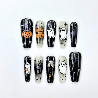 Halloween Press On Nails with Ghost & Pumpkin Design | Spooky Black White Fake Nails | Handmade Nail Art for Halloween Party | OB481UG