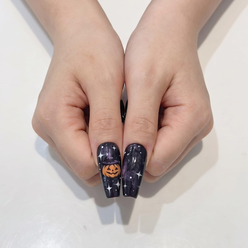 Halloween Press On Nails with Ghost & Pumpkin Design | Spooky Black White Fake Nails | Handmade Nail Art for Halloween Party | OB481UG