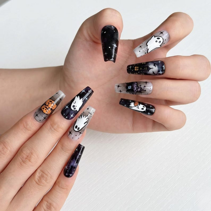 Halloween Press On Nails with Ghost & Pumpkin Design | Spooky Black White Fake Nails | Handmade Nail Art for Halloween Party | OB481UG