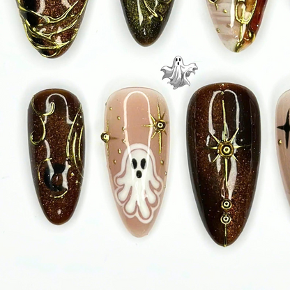 Halloween Press On Nails, Spooky Ghost Nail Art, Brown Gold Witchy Nails, Dark Celestial 3D Nails, Mystical Fall Nails, OC670UC
