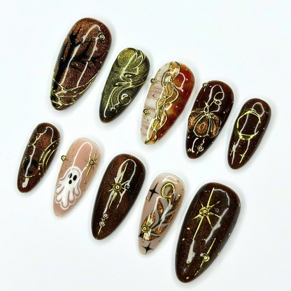 Halloween Press On Nails, Spooky Ghost Nail Art, Brown Gold Witchy Nails, Dark Celestial 3D Nails, Mystical Fall Nails, OC670UC