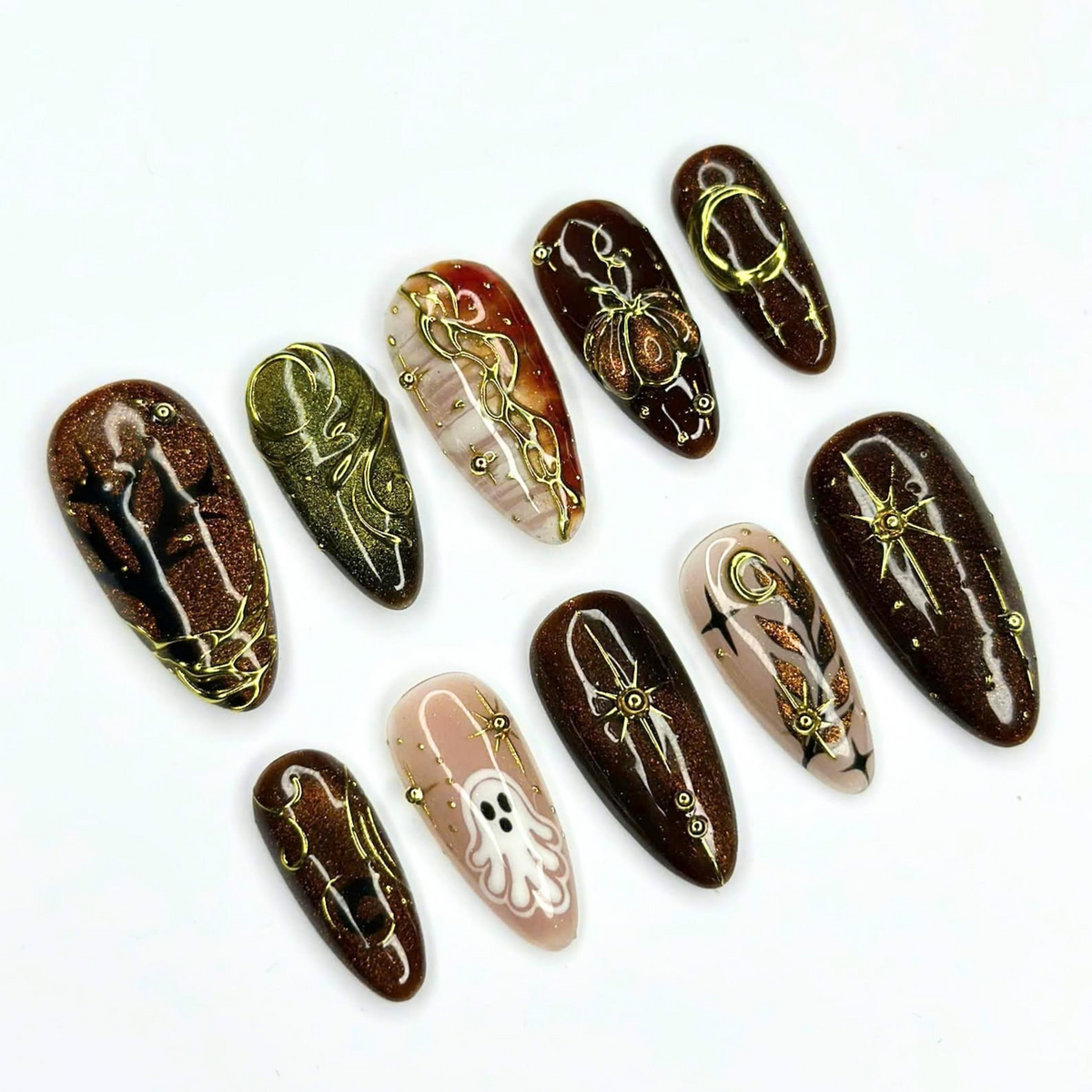 Halloween Press On Nails, Spooky Ghost Nail Art, Brown Gold Witchy Nails, Dark Celestial 3D Nails, Mystical Fall Nails, OC670UC