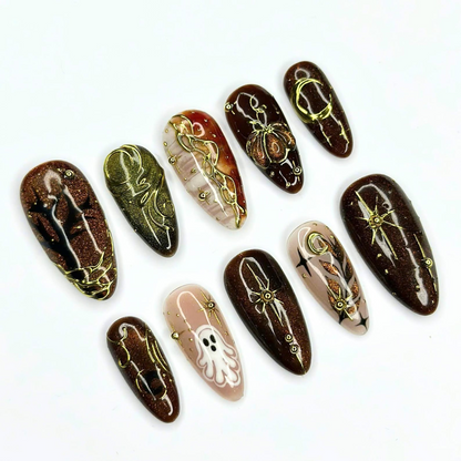 Halloween Press On Nails, Spooky Ghost Nail Art, Brown Gold Witchy Nails, Dark Celestial 3D Nails, Mystical Fall Nails, OC670UC