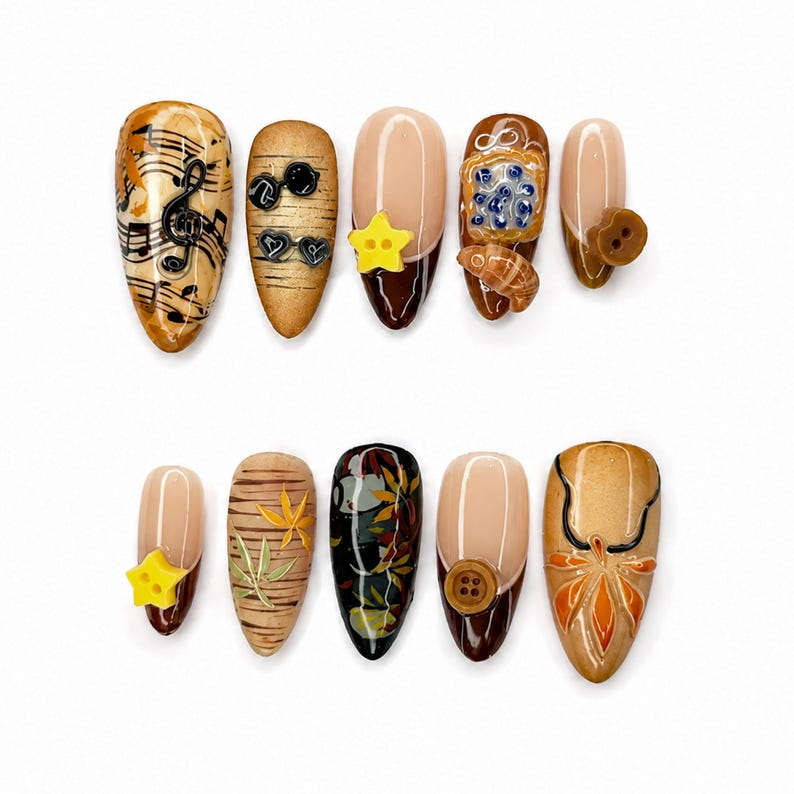Handmade Autumn Press On Nails with 3D Charms , Cozy Fall Floral Nail Art, OB1400WC