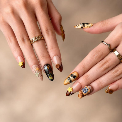 Handmade Autumn Press On Nails with 3D Charms , Cozy Fall Floral Nail Art, OB1400WC