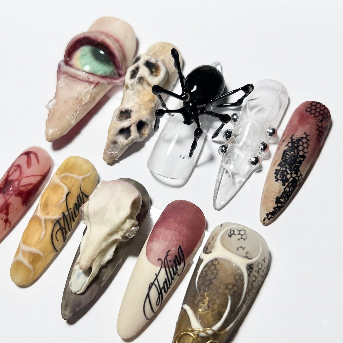 Handmade Gothic Horror Press-On Nails | 3D Eyeball, Spider, Skull Art OA687U