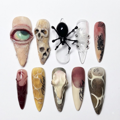 Handmade Gothic Horror Press-On Nails | 3D Eyeball, Spider, Skull Art OA687U