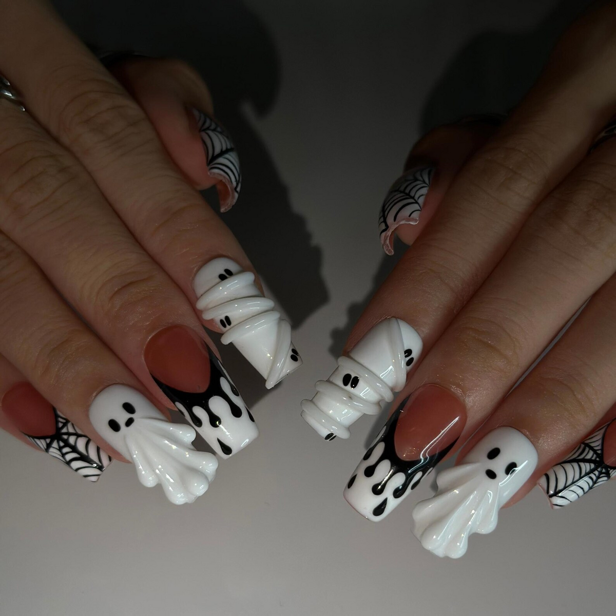 Handmade Halloween Nail Set , Halloween Press On Nails, 3D Ghost Nails, Mummy Spider Web Nails, Black White Spooky Nails, | OB666WC