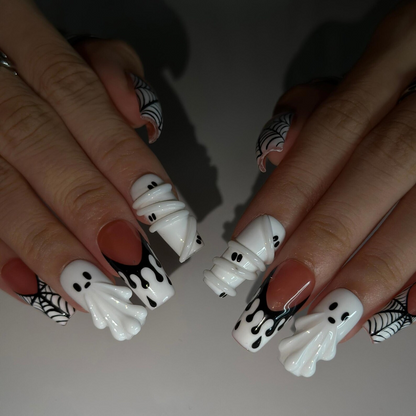 Handmade Halloween Nail Set , Halloween Press On Nails, 3D Ghost Nails, Mummy Spider Web Nails, Black White Spooky Nails, | OB666WC