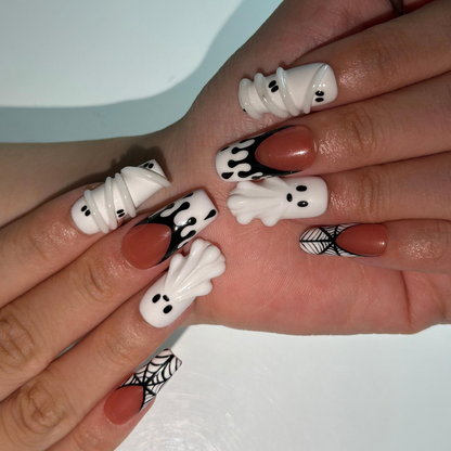 Handmade Halloween Nail Set , Halloween Press On Nails, 3D Ghost Nails, Mummy Spider Web Nails, Black White Spooky Nails, | OB666WC