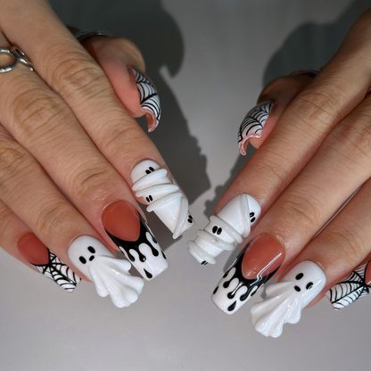 Handmade Halloween Nail Set , Halloween Press On Nails, 3D Ghost Nails, Mummy Spider Web Nails, Black White Spooky Nails, | OB666WC