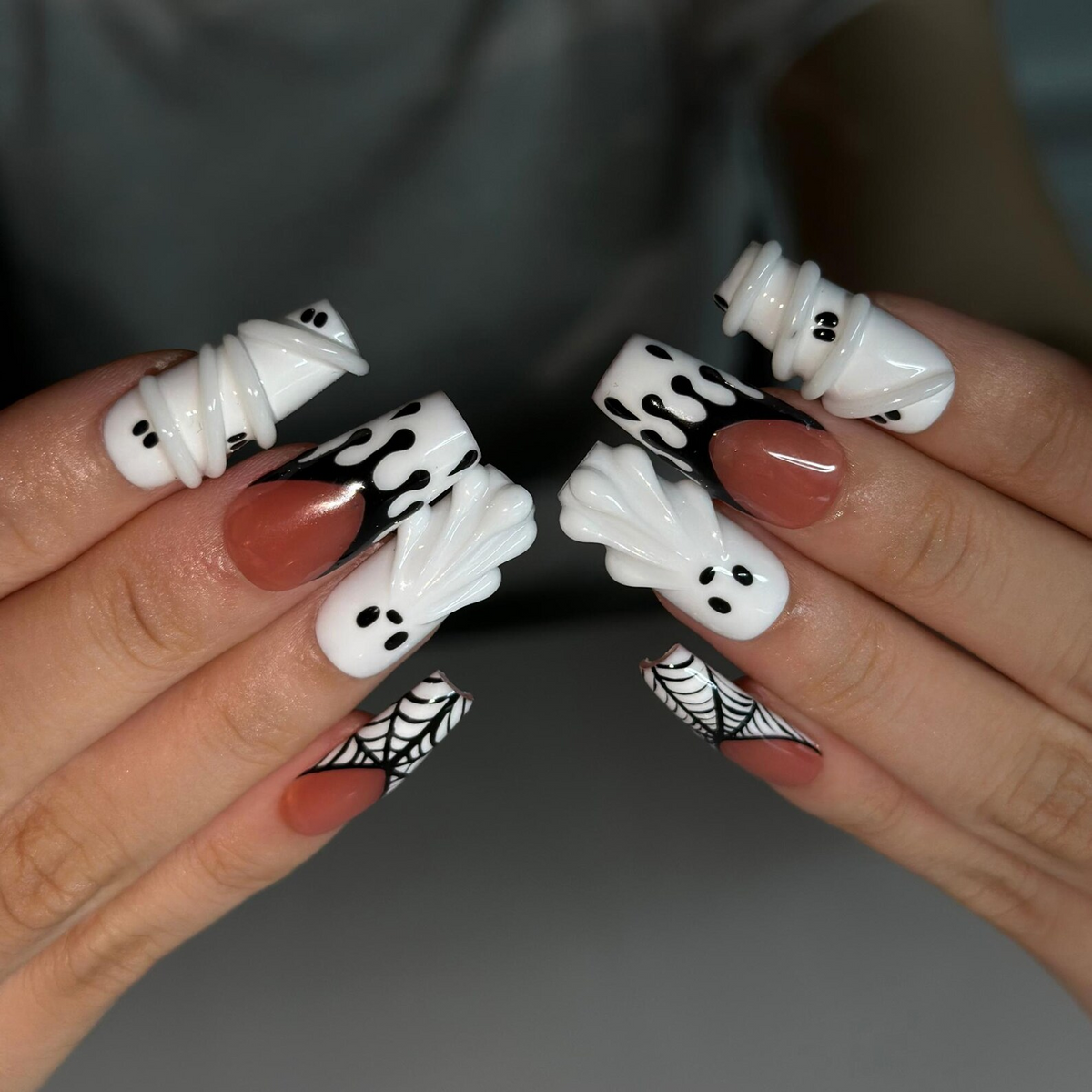 Handmade Halloween Nail Set , Halloween Press On Nails, 3D Ghost Nails, Mummy Spider Web Nails, Black White Spooky Nails, | OB666WC