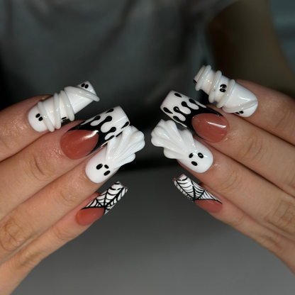 Handmade Halloween Nail Set , Halloween Press On Nails, 3D Ghost Nails, Mummy Spider Web Nails, Black White Spooky Nails, | OB666WC