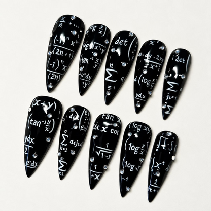 Handmade Teacherween Press On Nails, School Inspired Black Stiletto Nails, Math Formula Art, Educator Gift, Handmade Nails | OB708XC