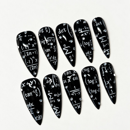 Handmade Teacherween Press On Nails, School Inspired Black Stiletto Nails, Math Formula Art, Educator Gift, Handmade Nails | OB708XC
