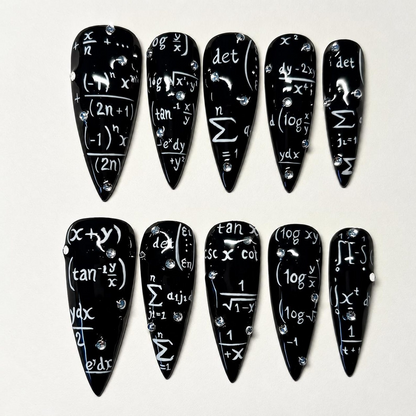 Handmade Teacherween Press On Nails, School Inspired Black Stiletto Nails, Math Formula Art, Educator Gift, Handmade Nails | OB708XC