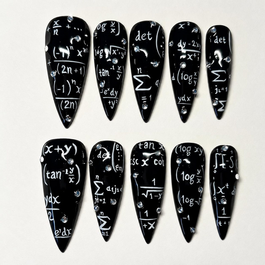 Handmade Teacherween Press On Nails, School Inspired Black Stiletto Nails, Math Formula Art, Educator Gift, Handmade Nails | OB708XC