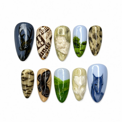 Handmade Woodland Press On Nails, 3D Flower Almond Nails, Deer & Horse Art, Vintage Nature Nails | OB723XA