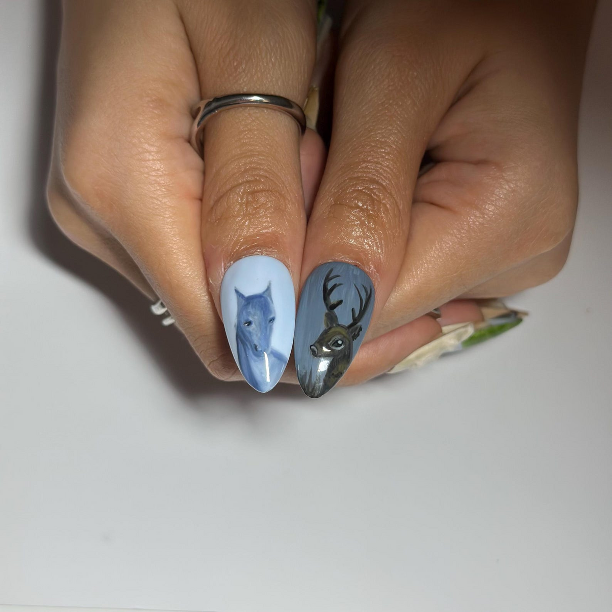 Handmade Woodland Press On Nails, 3D Flower Almond Nails, Deer & Horse Art, Vintage Nature Nails | OB723XA
