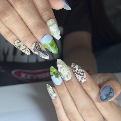 Handmade Woodland Press On Nails, 3D Flower Almond Nails, Deer & Horse Art, Vintage Nature Nails | OB723XA