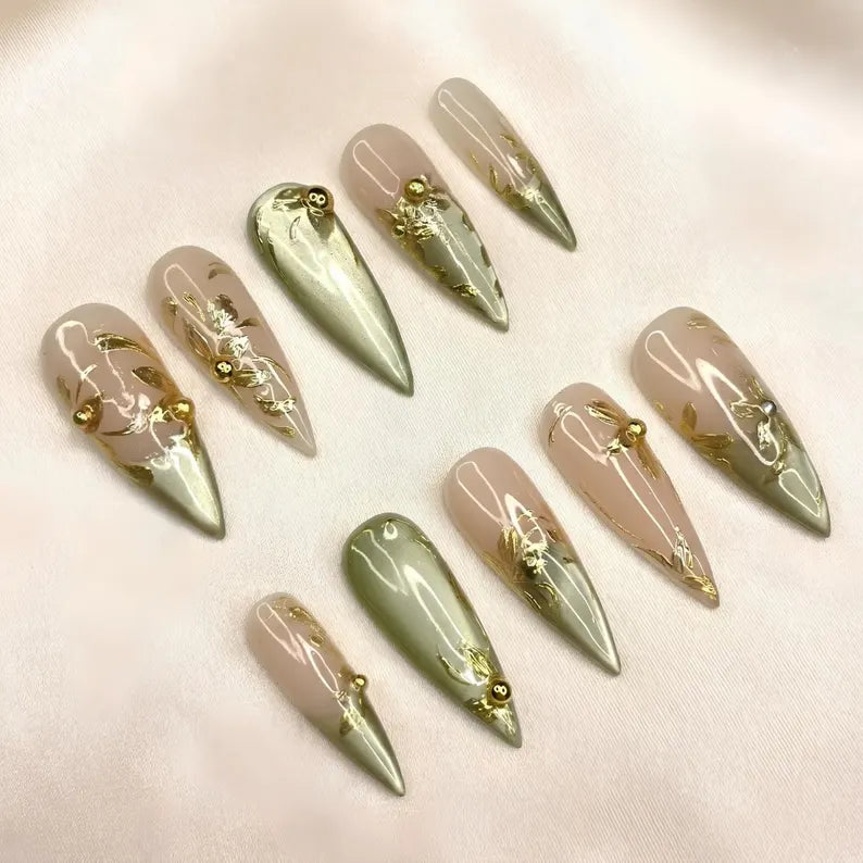 Gold Chrome Press On Nails | Sage Green Metallic Art | Elegant Nude Jelly Nails | Luxury Wedding Guest Prom | Bold Gala Statement | HB1358DG