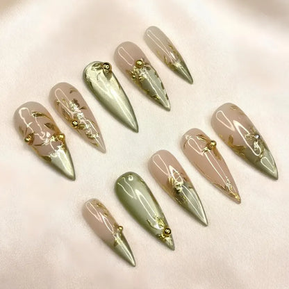 Gold Chrome Press On Nails | Sage Green Metallic Art | Elegant Nude Jelly Nails | Luxury Wedding Guest Prom | Bold Gala Statement | HB1358DG