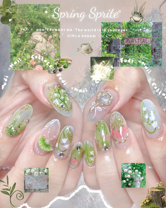 Lily of the Valley Press On Nails by FudiNails | Elegant White Floral Greenery Nails | FD05L