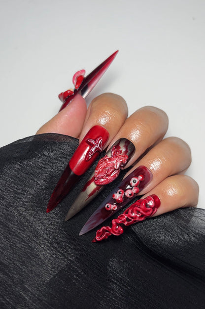 Halloween Gore Press On Nails | Bloody 3D Nail Art | Horror Anatomical Heart Nails | Creepy Eyeball Nails | Gothic Fake Nails |
