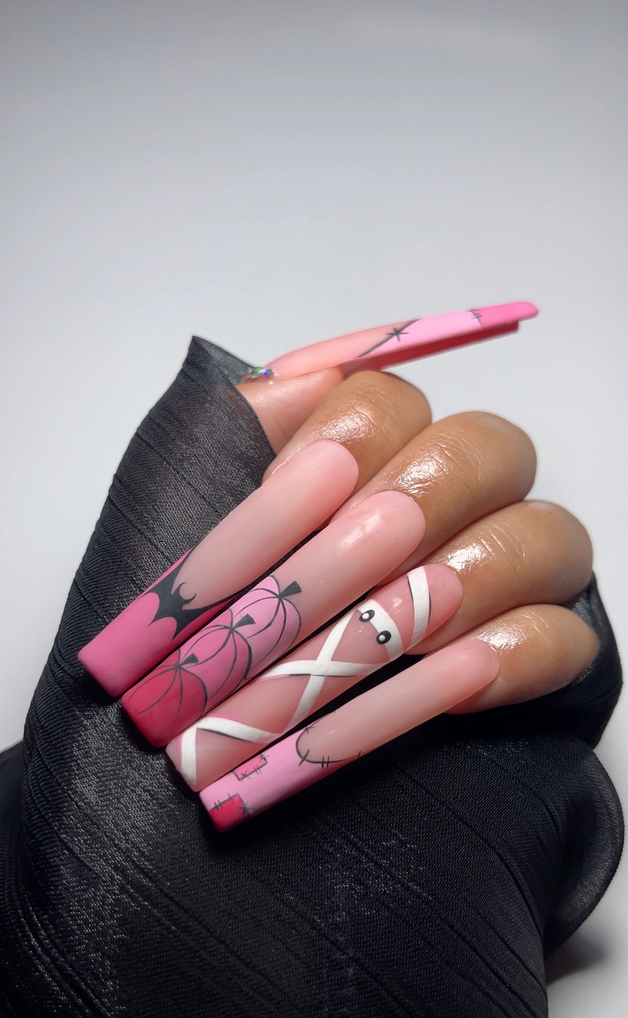 Pink Halloween Press On Nails | Cute Mummy Nail Art | Pumpkin & Bat Long Nails | Pastel Spooky Nails | Handmade Fake Nails